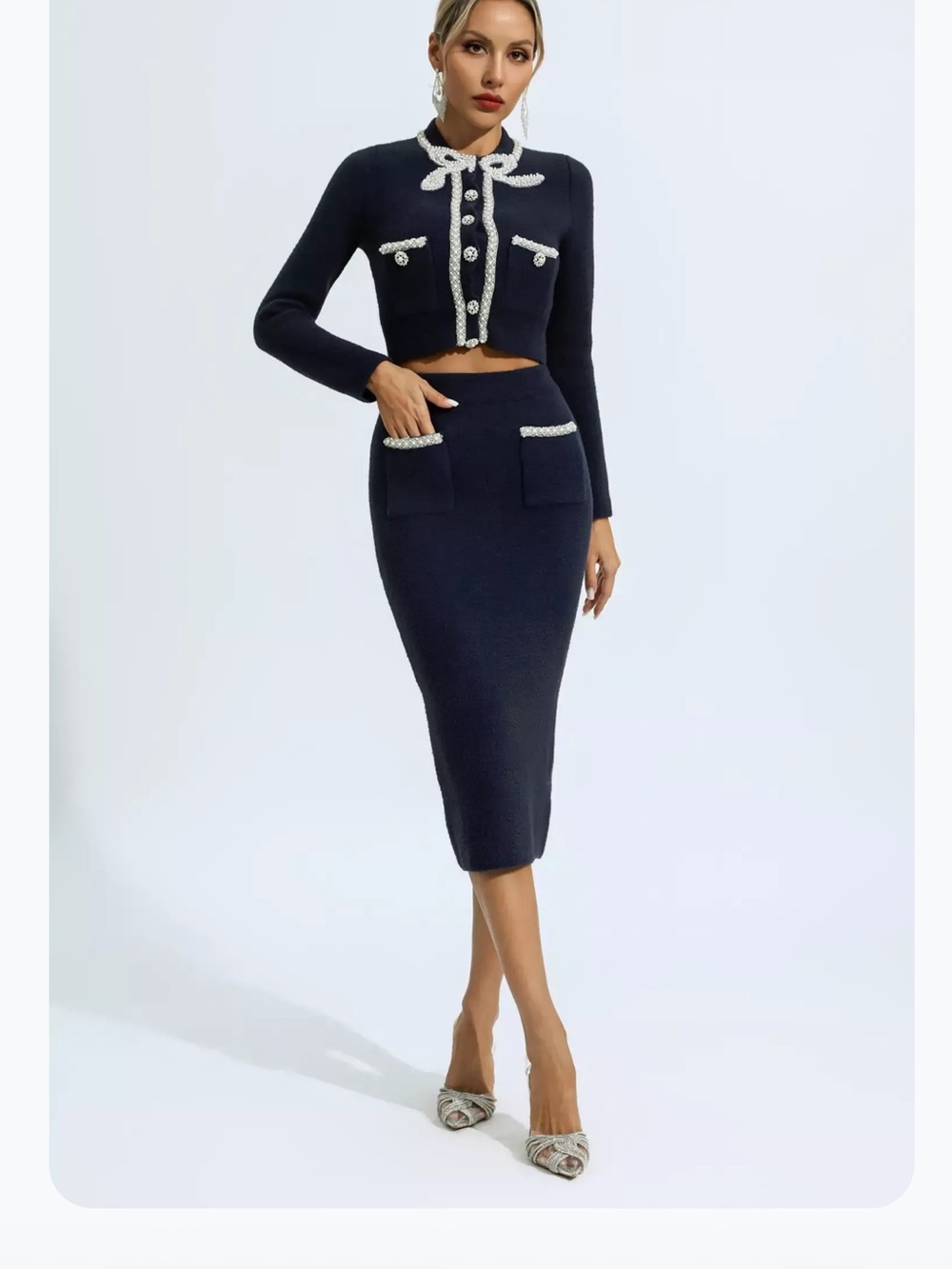 Pearl-Trim Navy Midi Pencil Skirt -